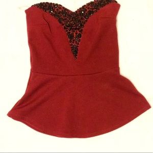 Maroon Peplum Tube Top with Black Beading